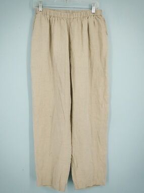 Flax Size Medium M Tan Beige Pull On Elastic Waist Straight Leg 100% Linen Pants